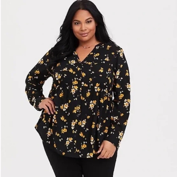 torrid Tops - TORRID Emma Yellow Floral Challis Babydoll V-Neck Blouse Tunic